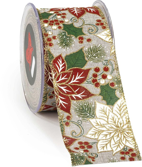 Nastro Tessuto Animato Poinsettia Grigio con Glitter