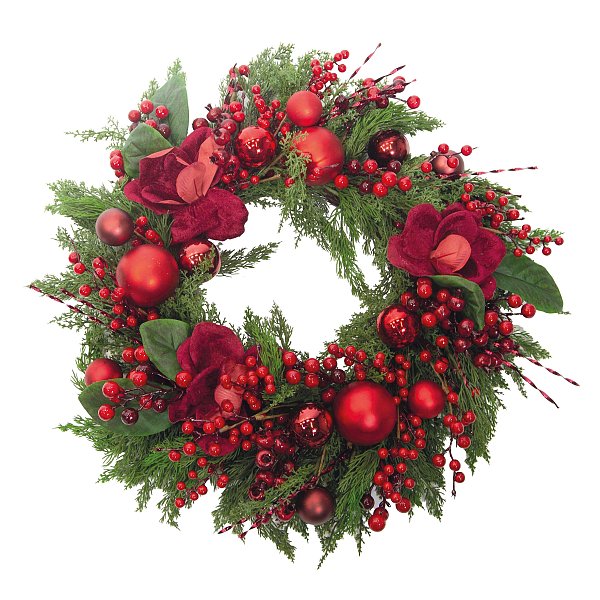 Corona di Cipressino Verde con Sfere, Rose e Bacche Rosse