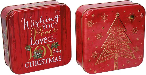 Scatola in Metallo Quadrata Rossa Albero e Scritta (disponibile in 2 fantasie)
