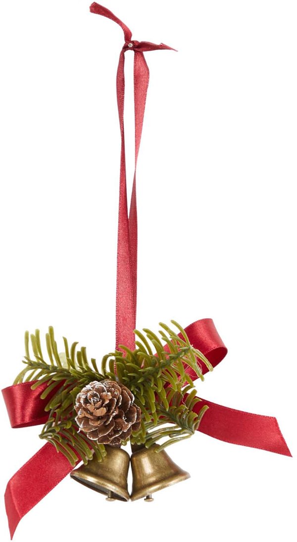Decorazioni con 2 Campane Dorate, Pigne e Fiocco di Raso