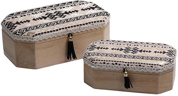 Set Scatole in Legno Indios Ottagonale Tessuto Ecrù/Nero