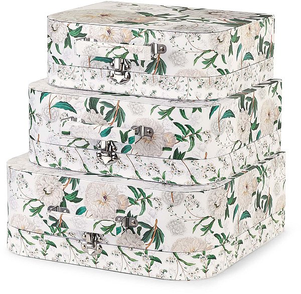 Set 3 Valigette Peonie Bianche con Maniglia e chiusura in metallo